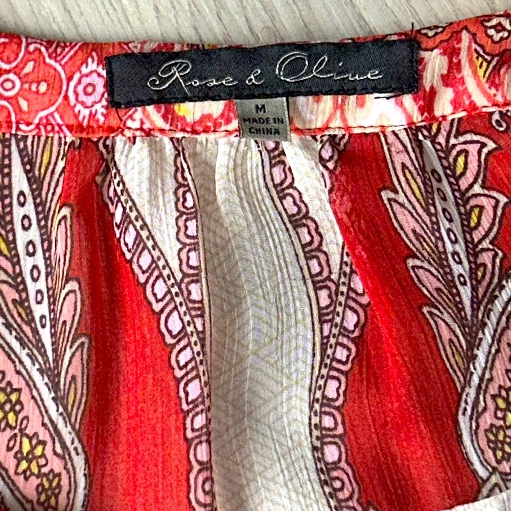 Rose & Olive Paisley Peasant Top M Red Colorful Sheer Loose Career
